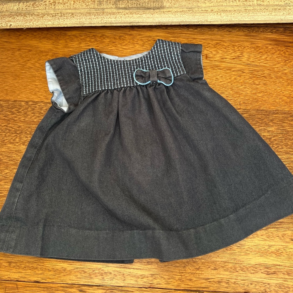 Zara mini blue cotton dress lined soft comfy 3-6 months bow sashiko stitching